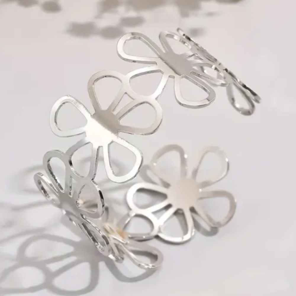 Flower Laser Cut Adjustable Silver Toned Cuff Bracelet